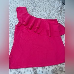 One shoulder ruffled hot pink top